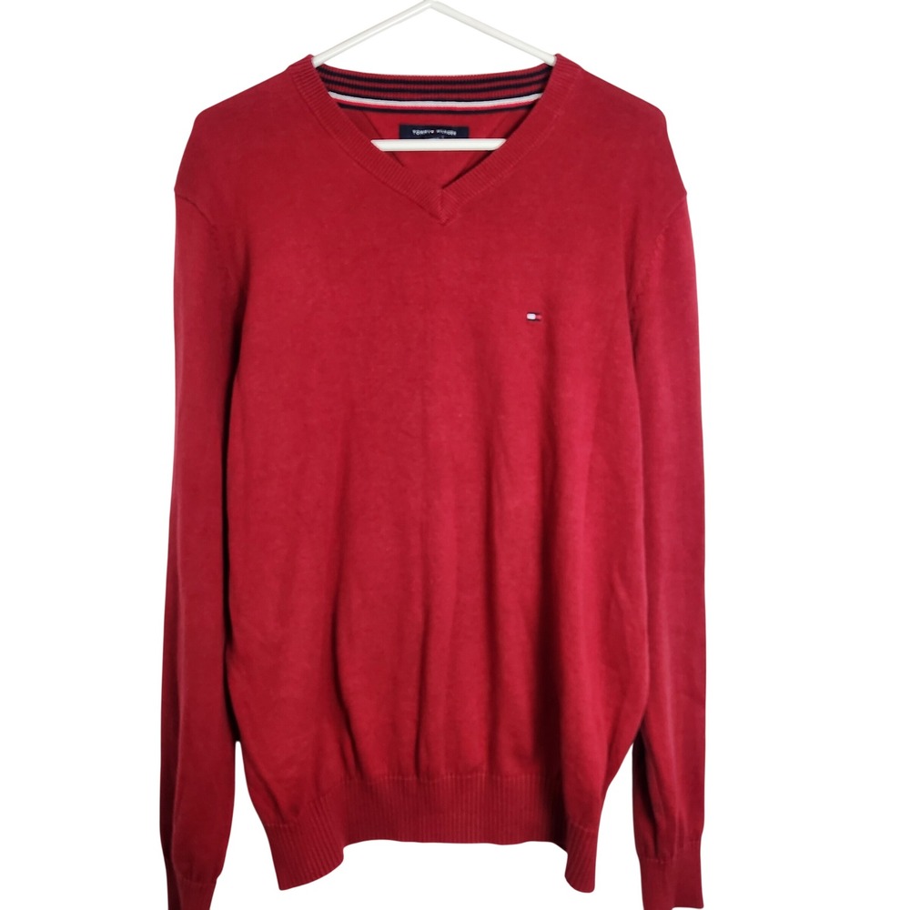 Tommy Hilfiger Red V-Neck Cotton‎ Sweater Mens size Medium
